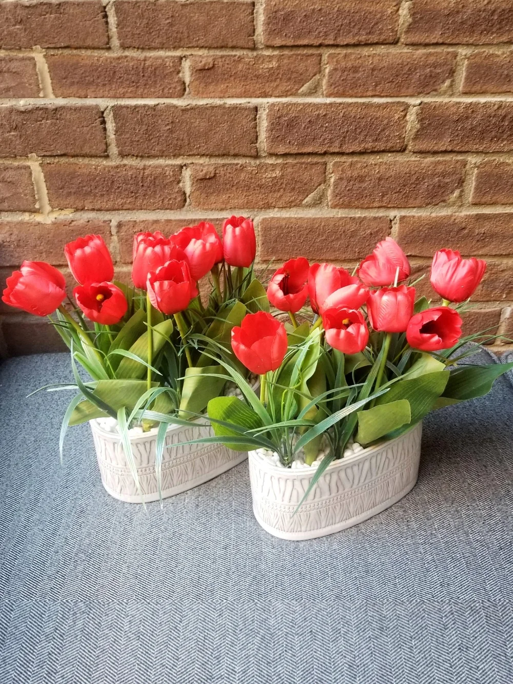 Red Tulips Artificial Arrangement in White Glazed Ceramic Planter
